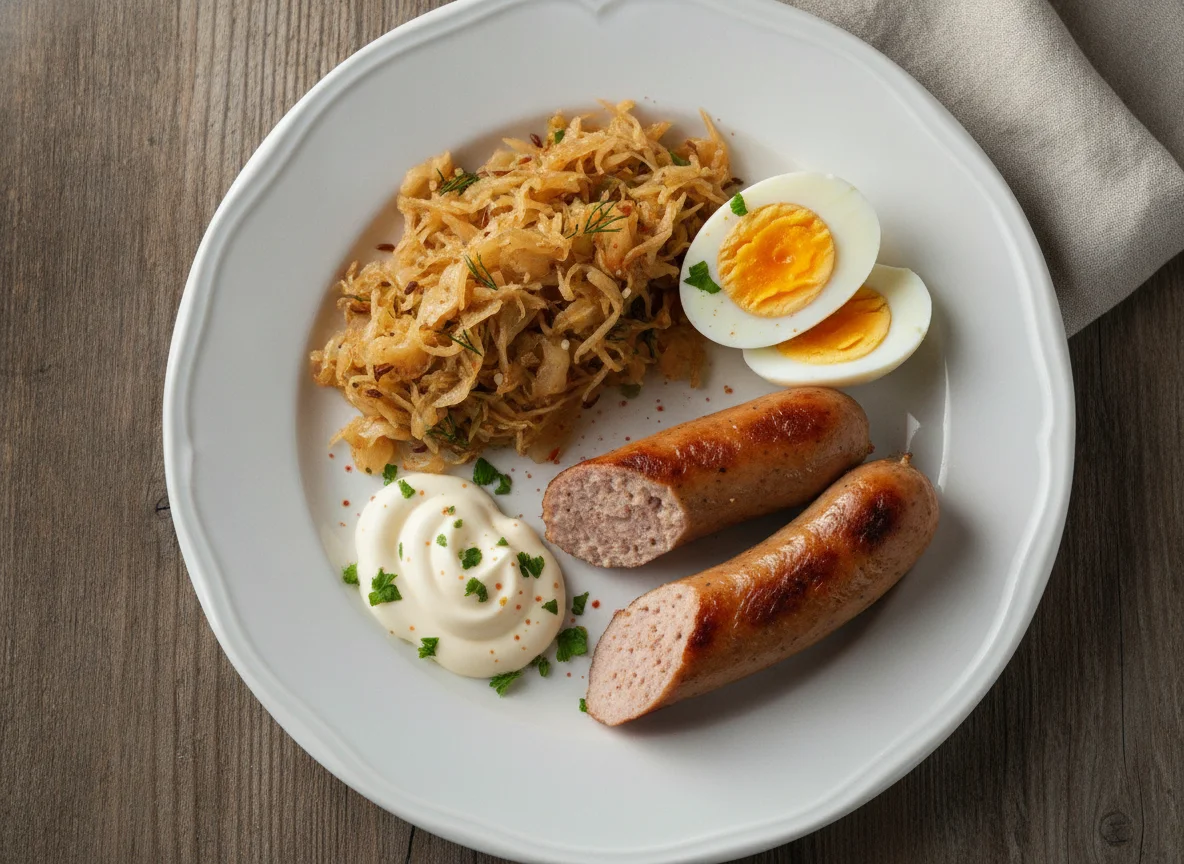 Баварская сосиска с квашеной капустой, яйцом и майонезом photo