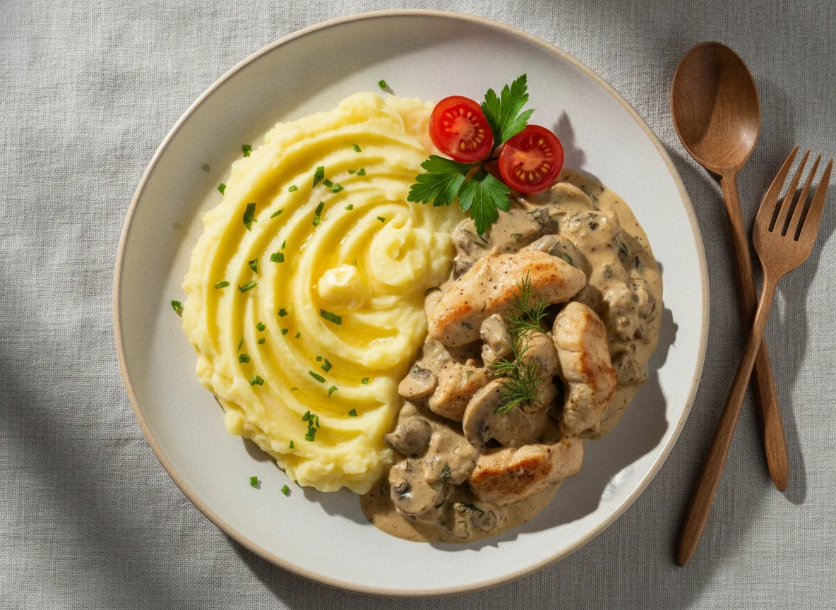 Бефстроганов из курицы с картофельным пюре photo