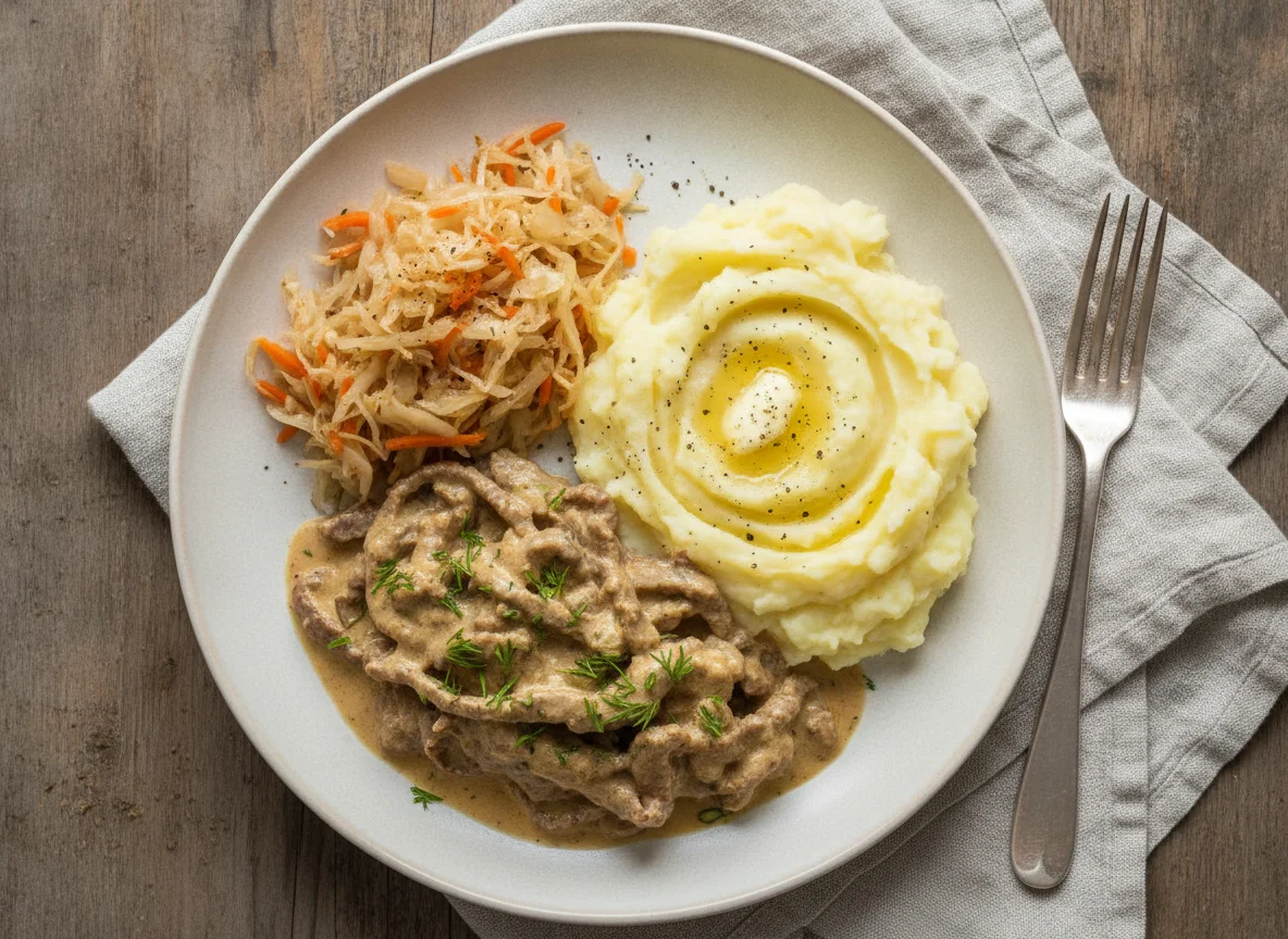 Бефстроганов с картофельным пюре и квашеной капустой photo