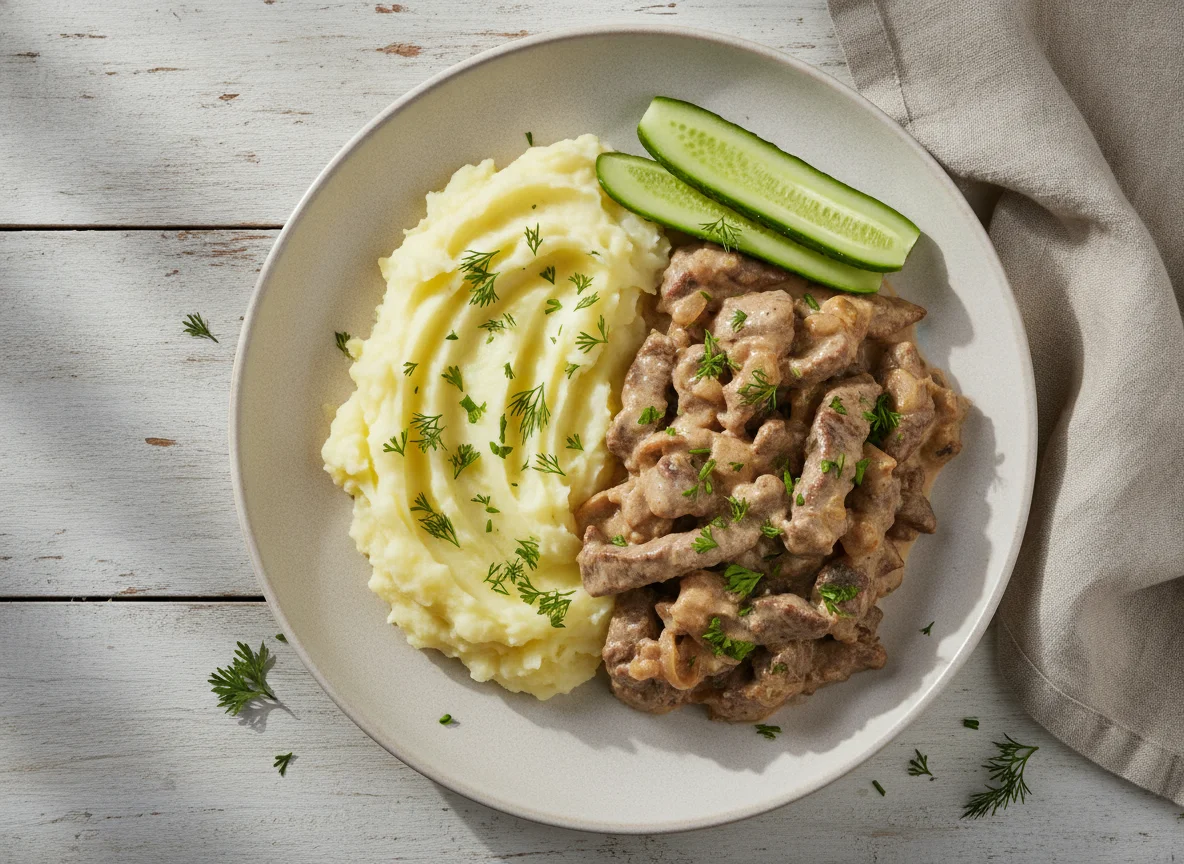 Бефстроганов с картофельным пюре и огурцами photo