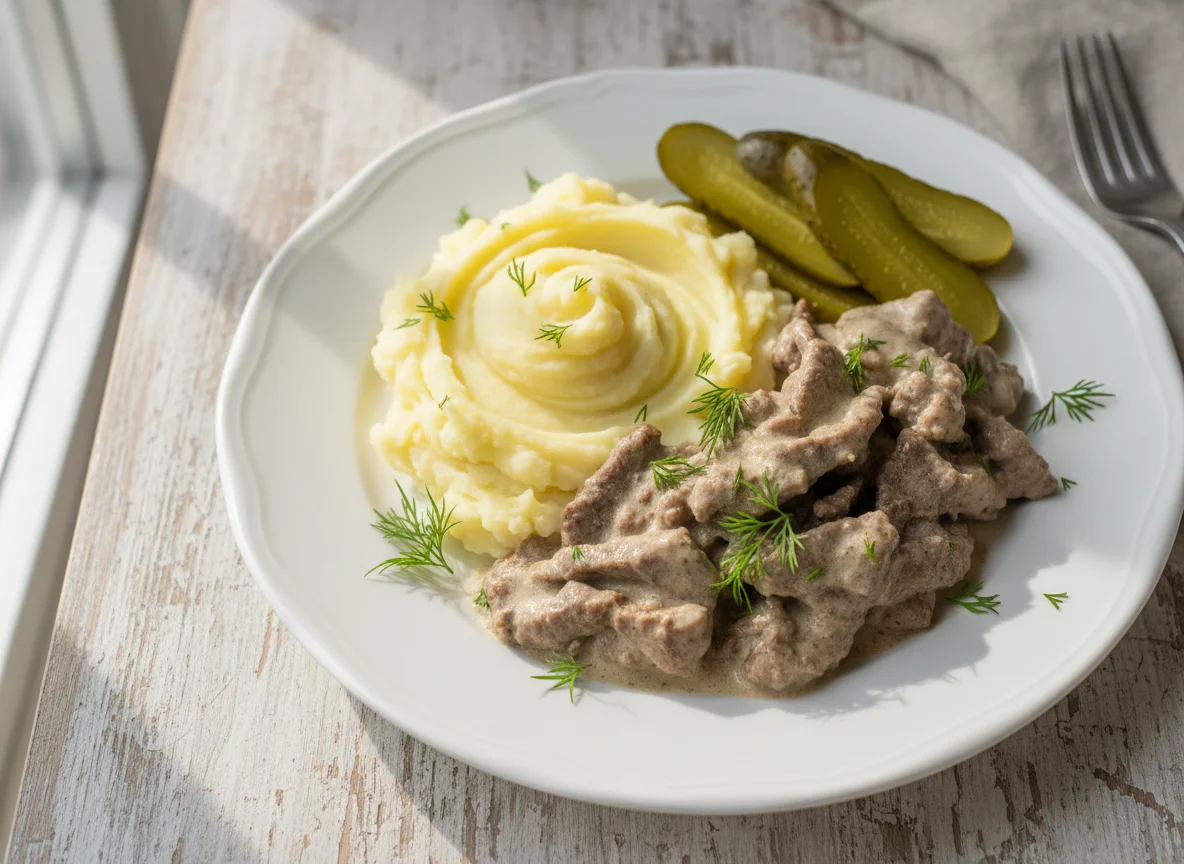 Бефстроганов с картофельным пюре и солеными огурцами photo
