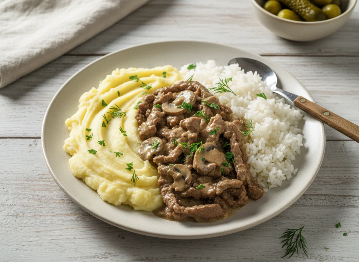 Бефстроганов с пюре и рисом photo