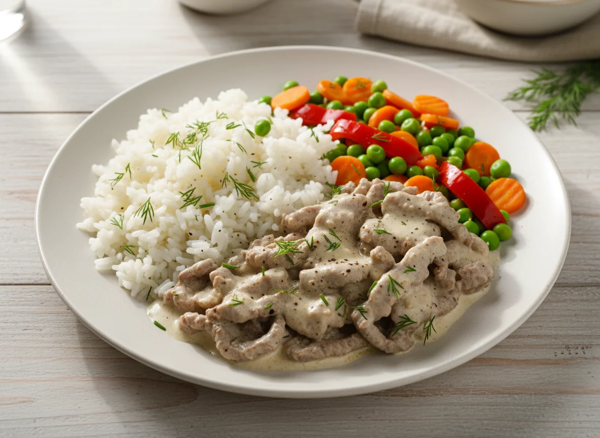 Бефстроганов с рисом и овощами photo