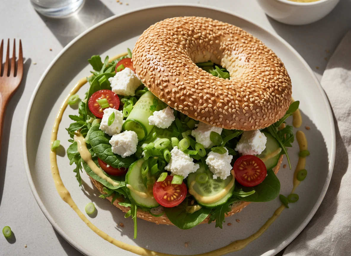 Бейгл с салатом и сыром фета photo