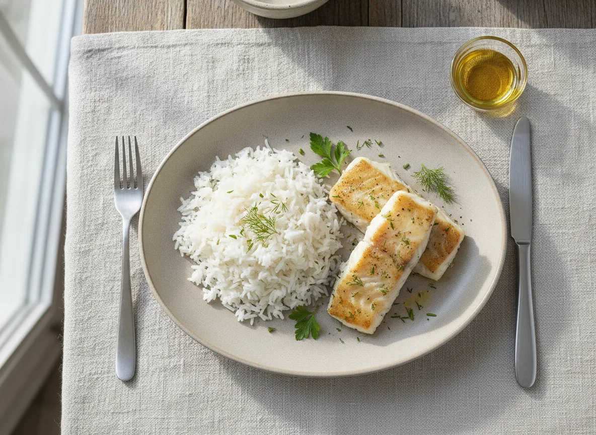 Белая рыба с рисом photo