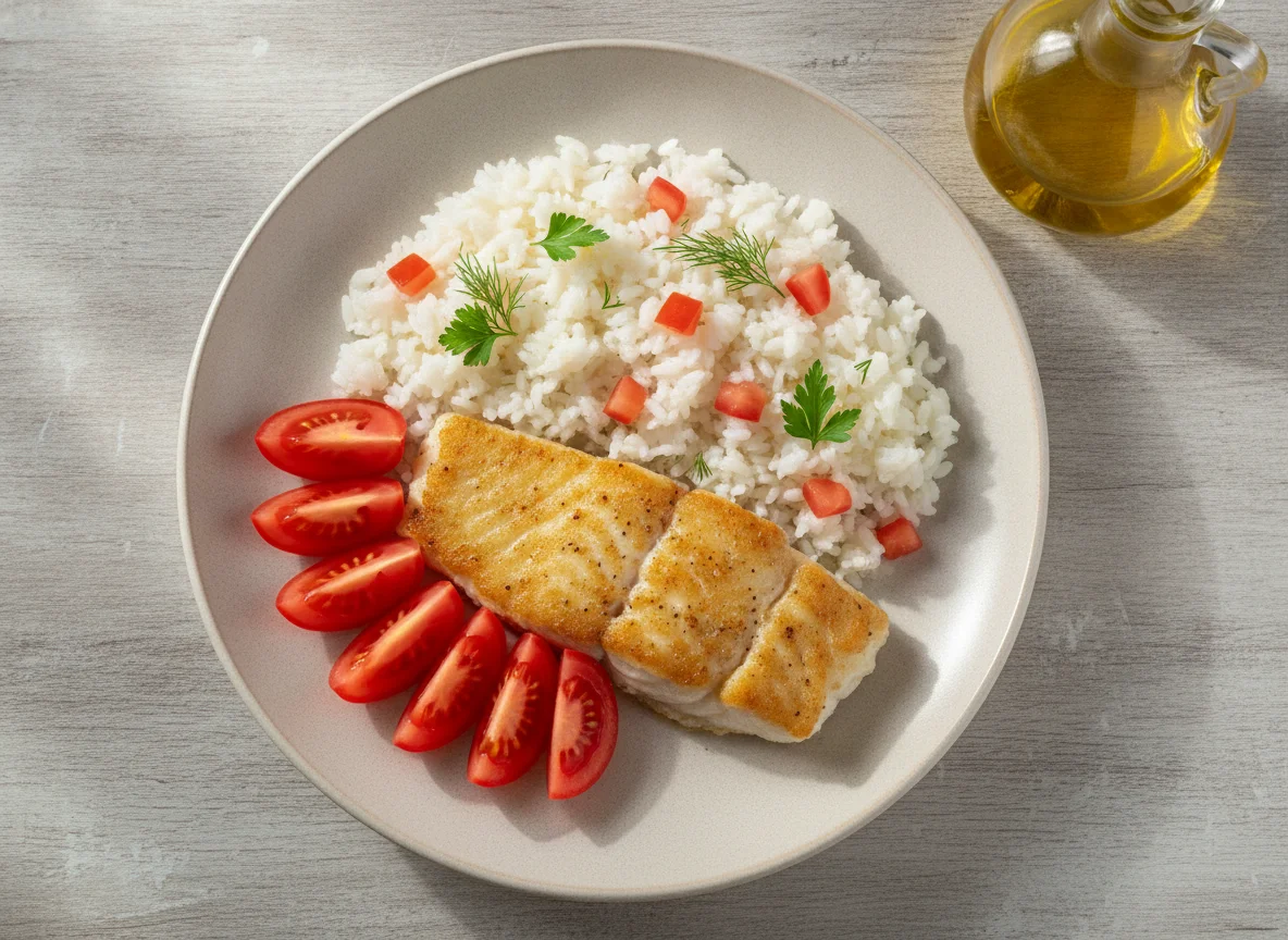 Белая рыба с рисом и помидорами photo