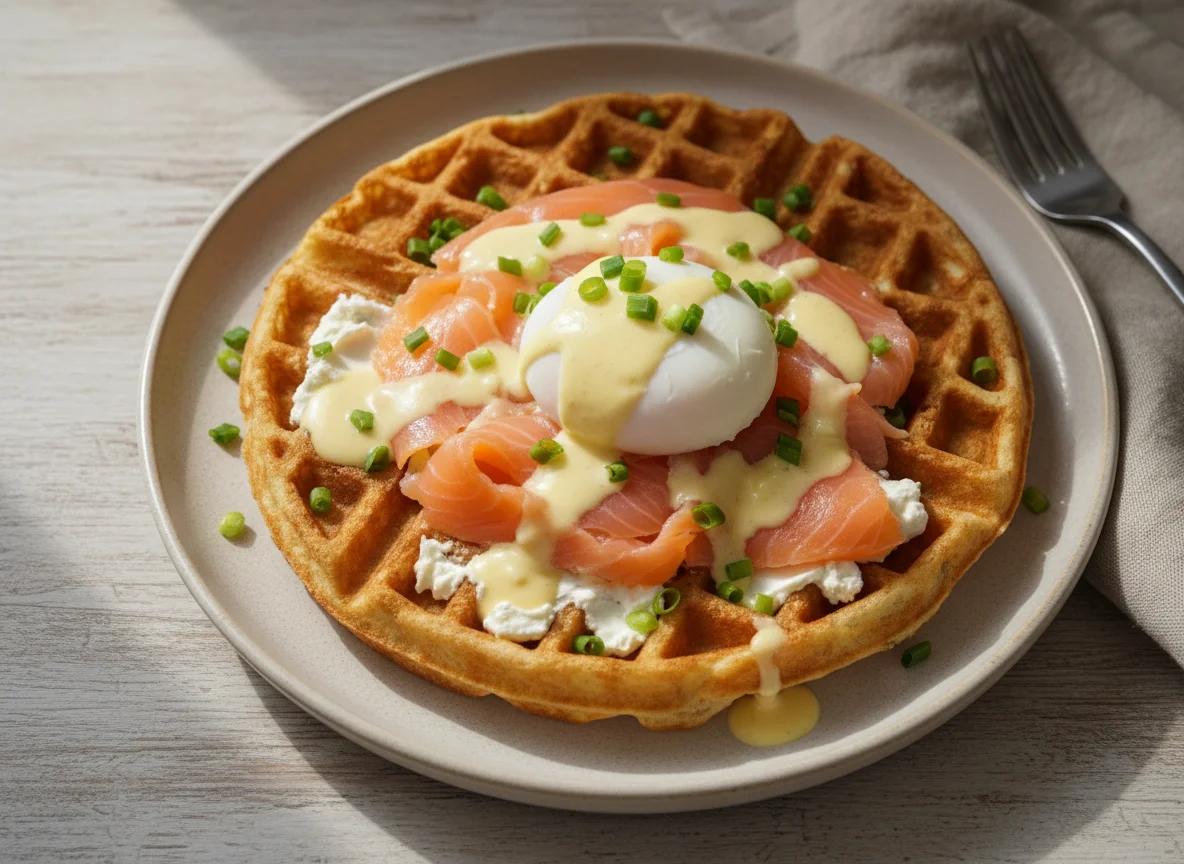 Бельгийская вафля с лососем и яйцом пашот photo