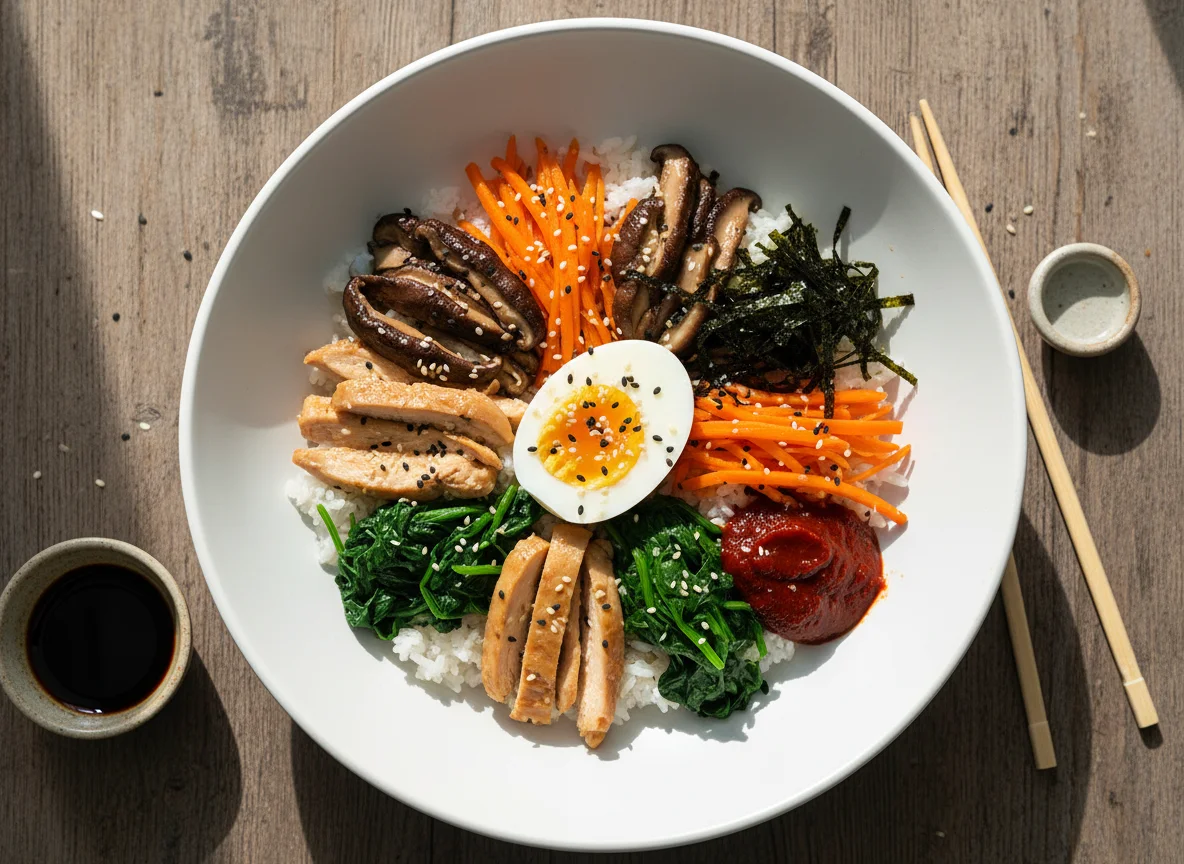 Бибимбап с курицей и овощами photo