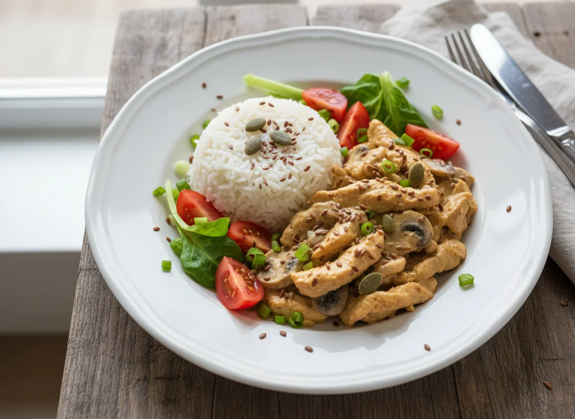 Бифстроганов из индейки с рисом и овощами photo