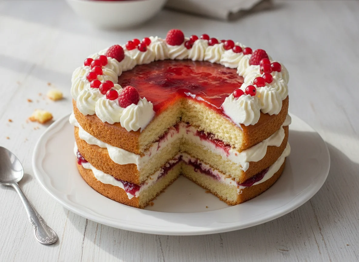 Бисквитный торт со сливками и джемом photo