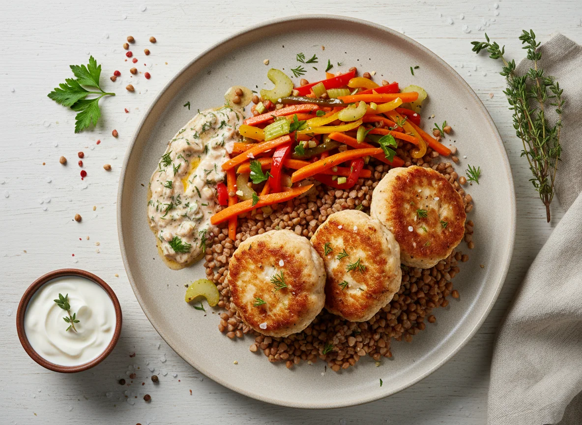 Биточки из креветок и куриной грудки с гречкой и овощами photo