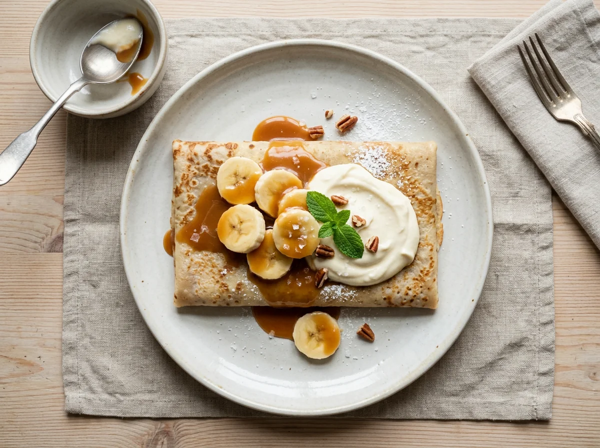 Блин с бананом и соленой карамелью и сливочным кремом photo