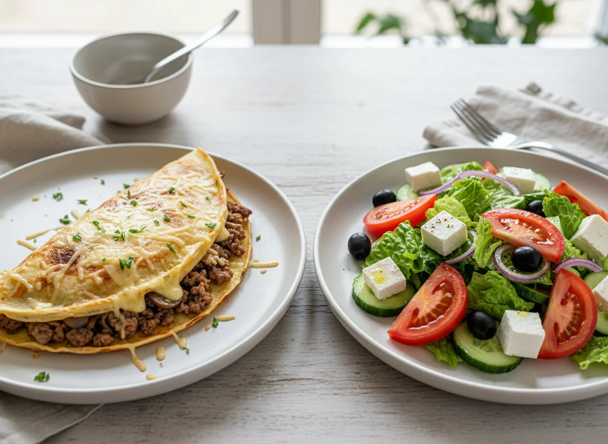 Блин с начинкой под сыром и греческий салат photo