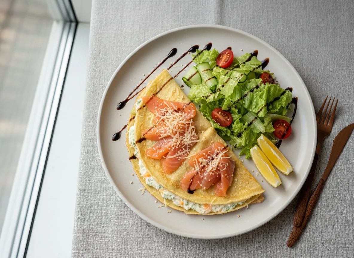 Блинчики с лососем и салатом photo