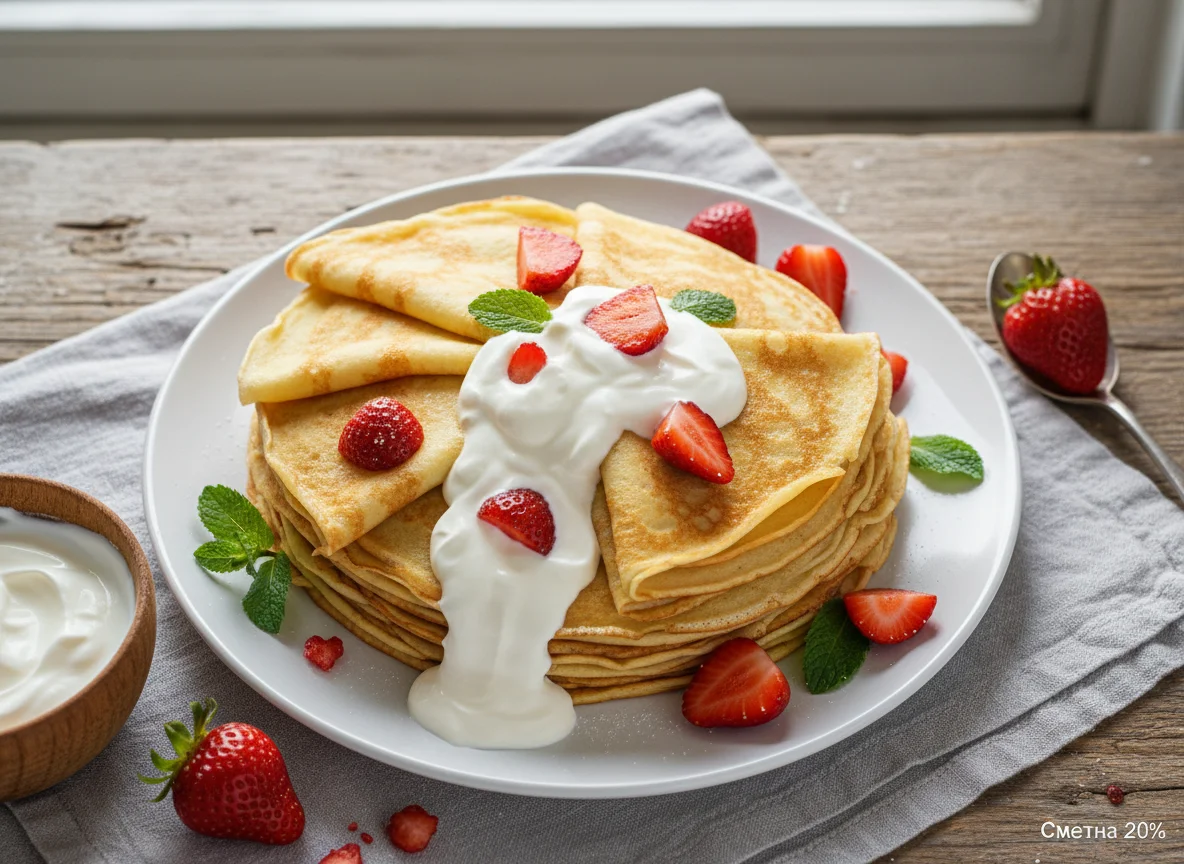 Блины с клубникой и сметаной photo