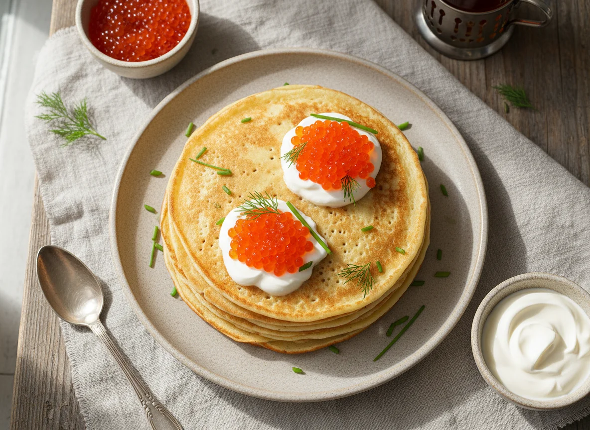 Блины с красной икрой и сметаной photo