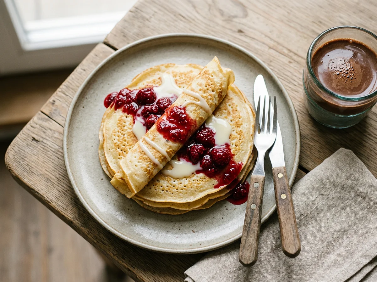 Блины с малиновым вареньем и сгущенным молоком photo