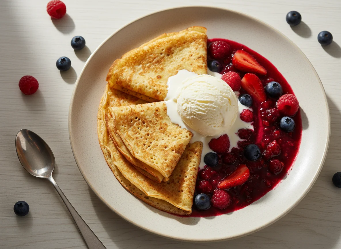 Блины с мороженым и ягодным соусом photo