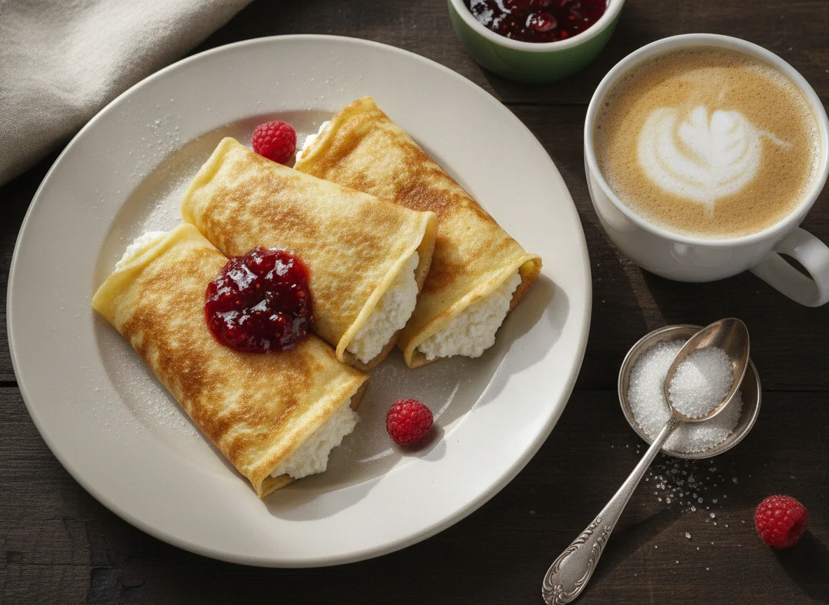 Блины с начинкой и кофе с молоком photo