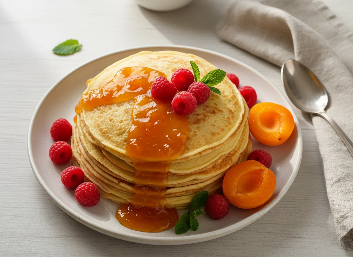 Блины с творогом, малиной и абрикосовым джемом photo