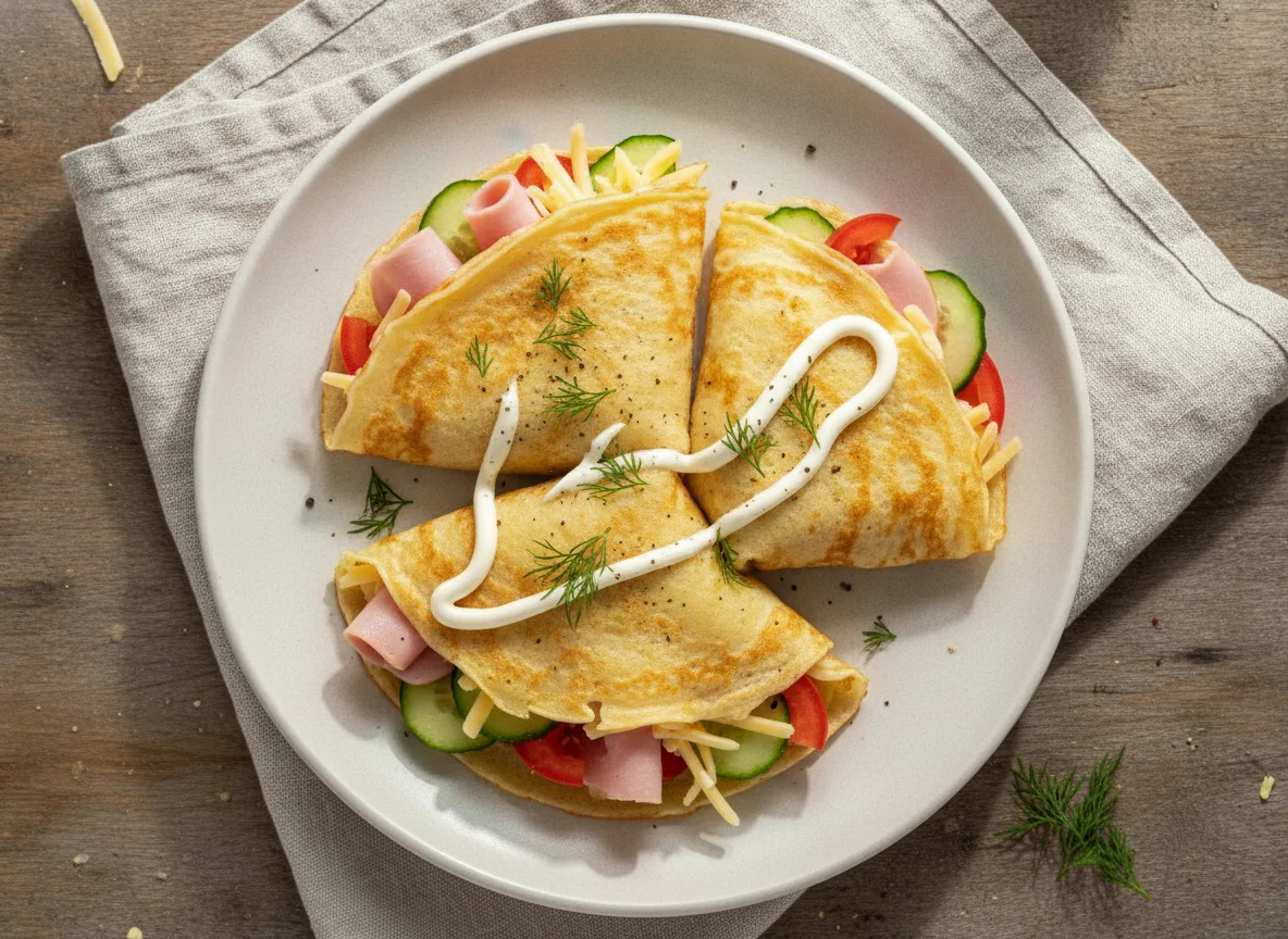 Блины с ветчиной, сыром и овощами photo