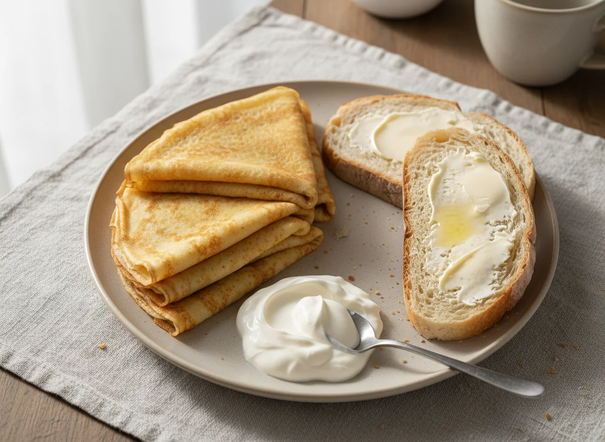 Блины со сметаной и хлеб с маслом photo