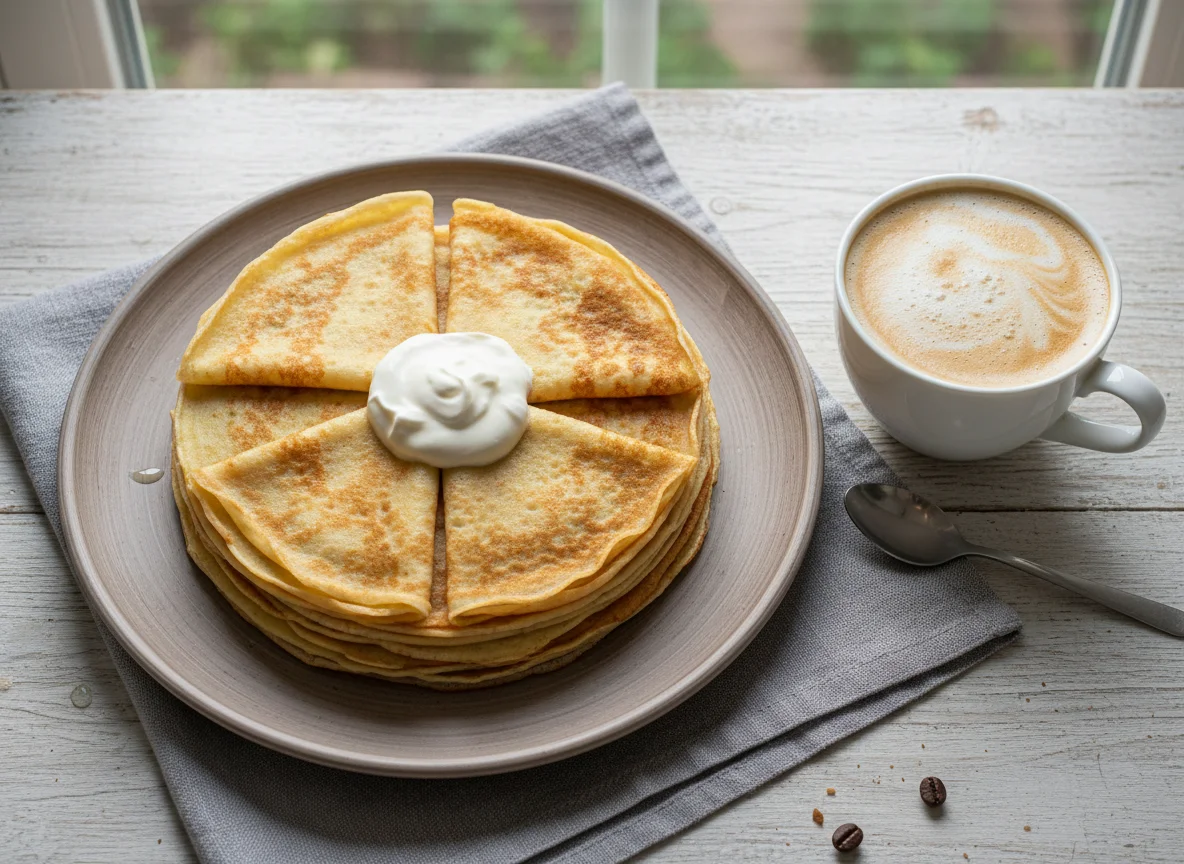 Блины со сметаной и кофе с молоком photo