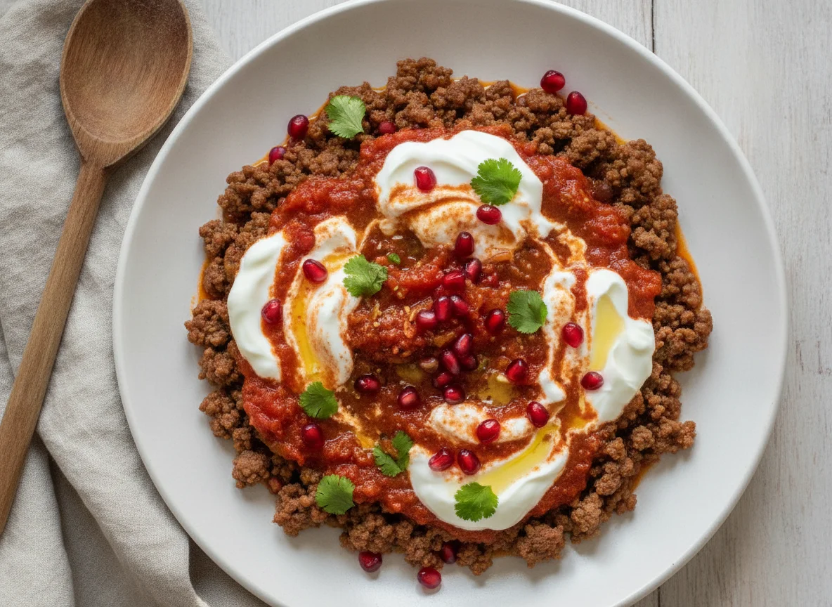 Блюдо с фаршем, йогуртом и томатным соусом photo