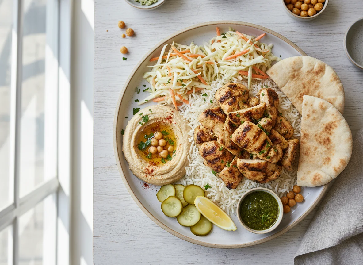 Блюдо с курицей, хумусом и питой photo