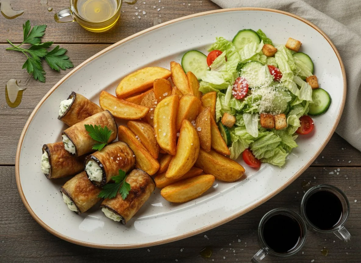 Блюдо с рулетиками из баклажанов, картофелем фри и салатом photo