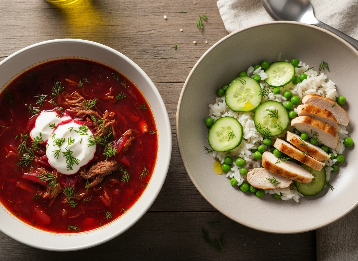 Борщ и салат с курицей и рисом photo