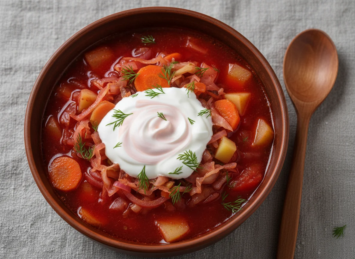 Борщ или овощной суп со сметаной photo