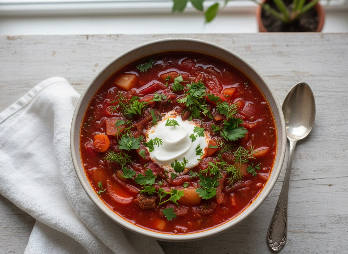 Борщ или щи с зеленью и сметаной photo