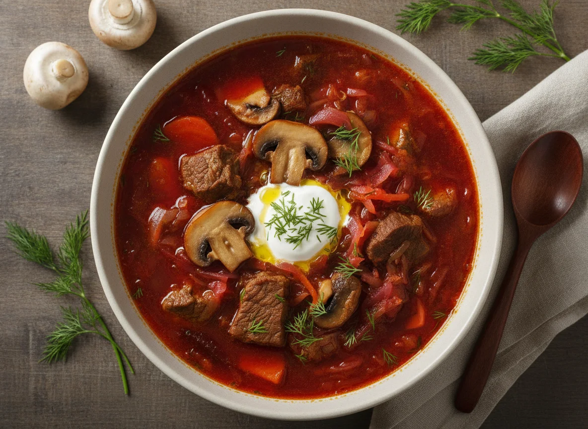 Борщ купеческий с говядиной и грибами photo