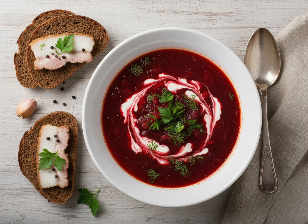 Борщ с черным хлебом, салом и сметаной photo