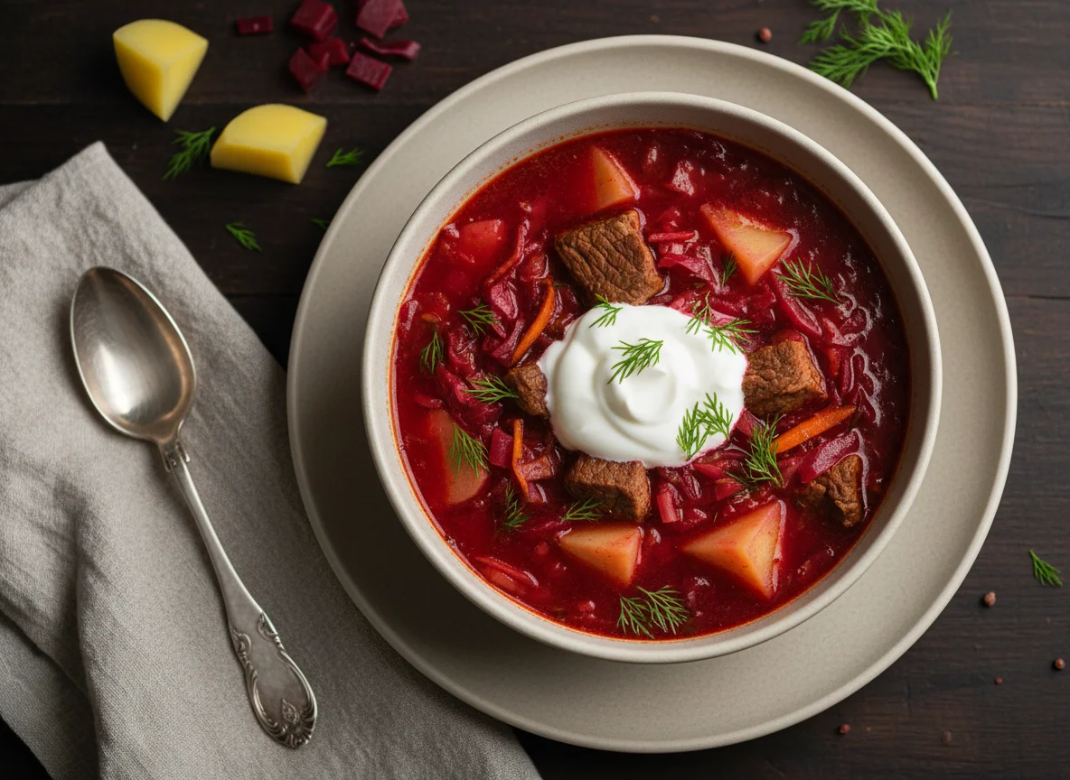 Борщ с говядиной и сметаной photo