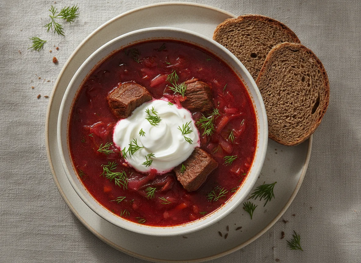 Борщ с говядиной, сметаной и хлебом photo