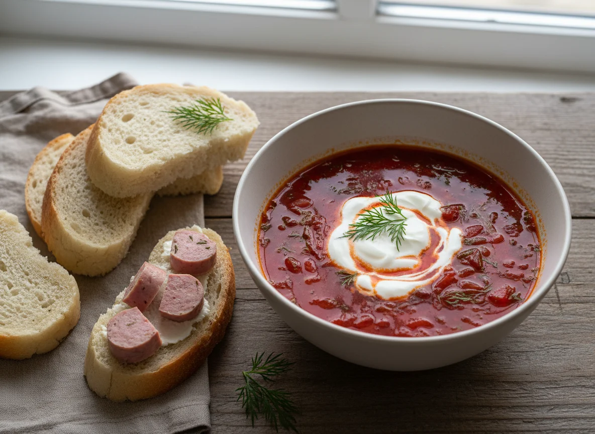 Борщ с хлебом и колбасой photo