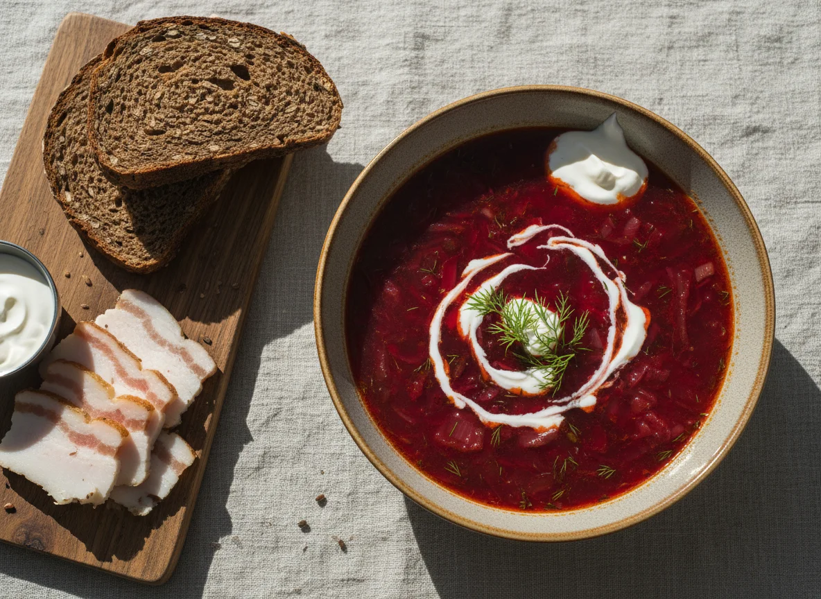 Борщ с хлебом и сметаной photo