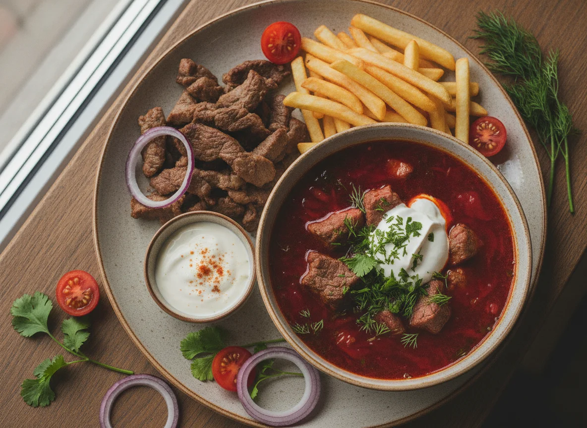 Борщ с картофелем фри и мясом photo