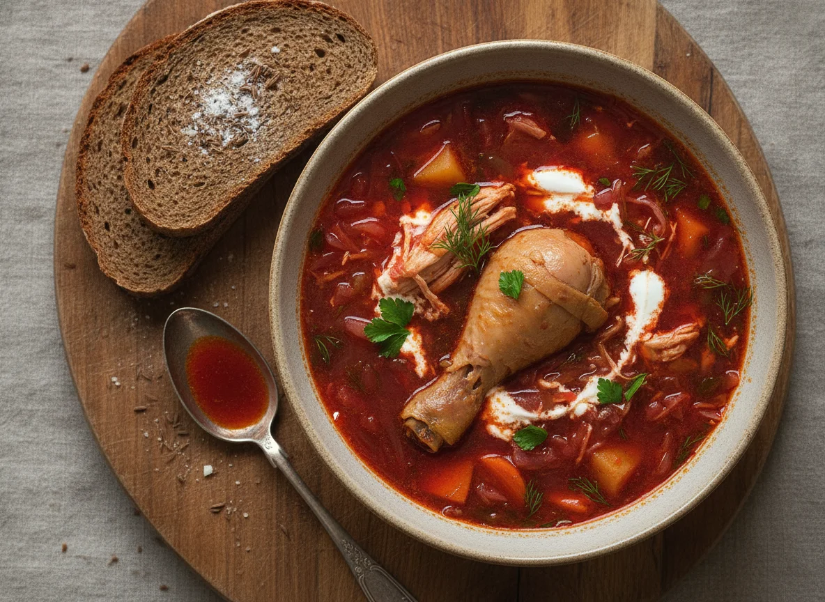 Борщ с курицей и ржаным хлебом photo