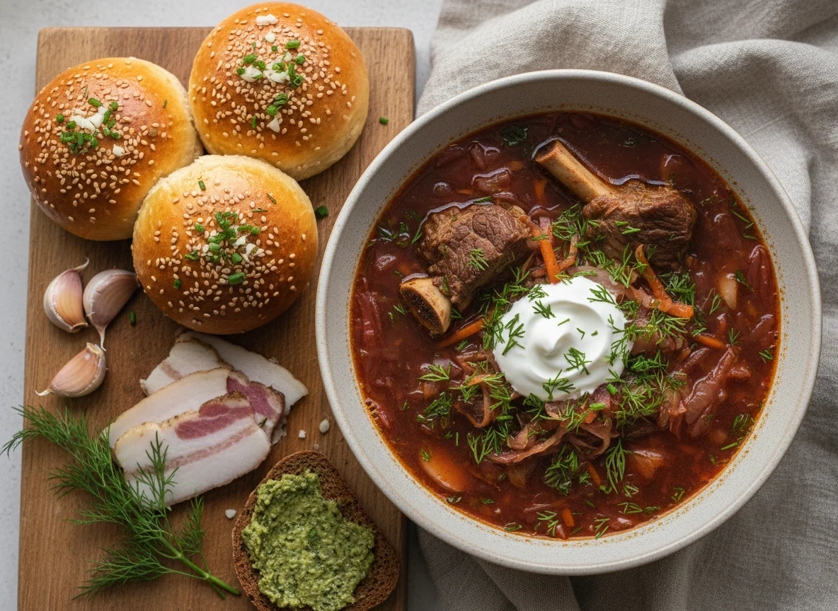 Борщ с пампушкой и салом photo