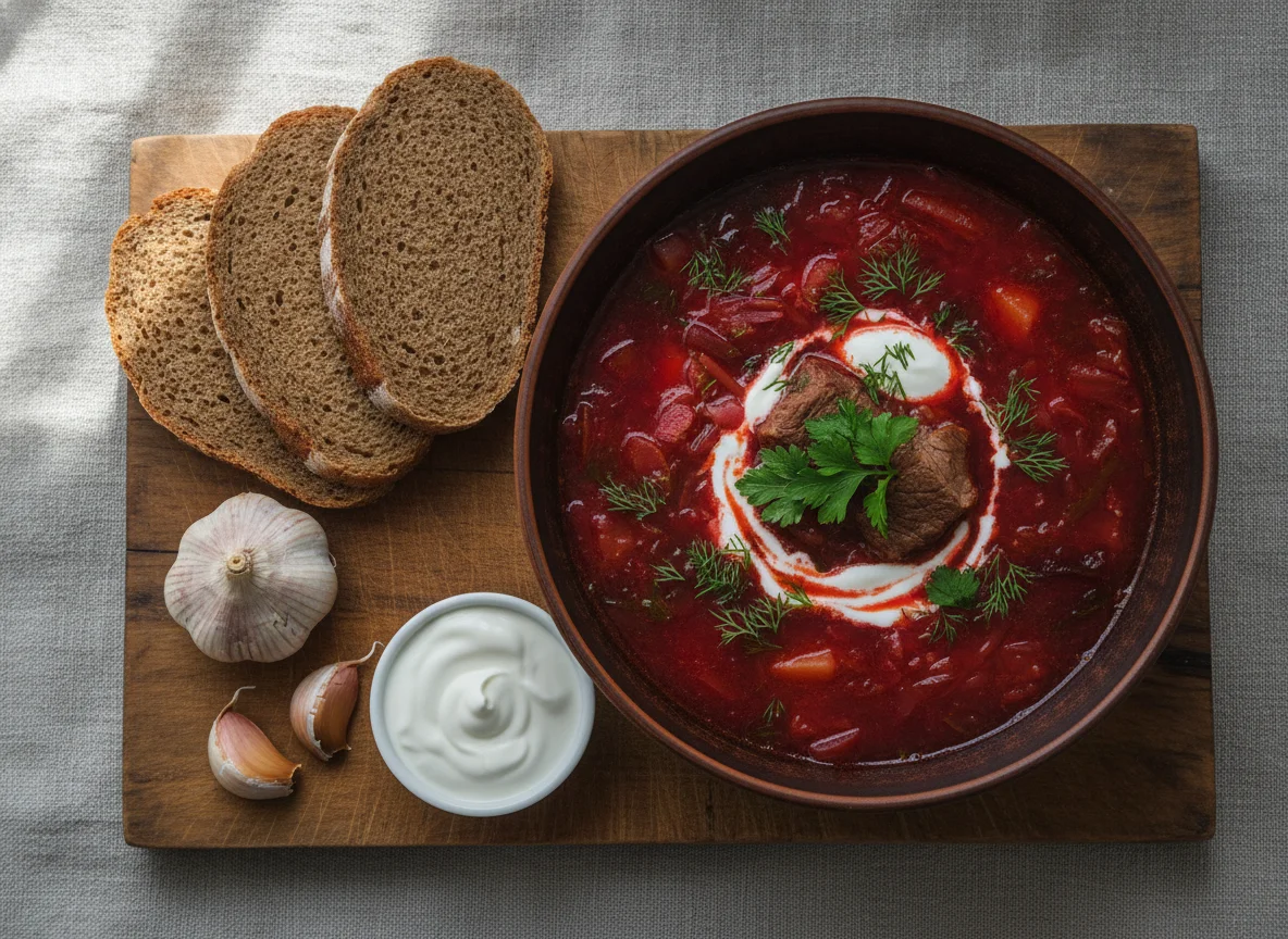 Борщ с ржаным хлебом и чесноком photo