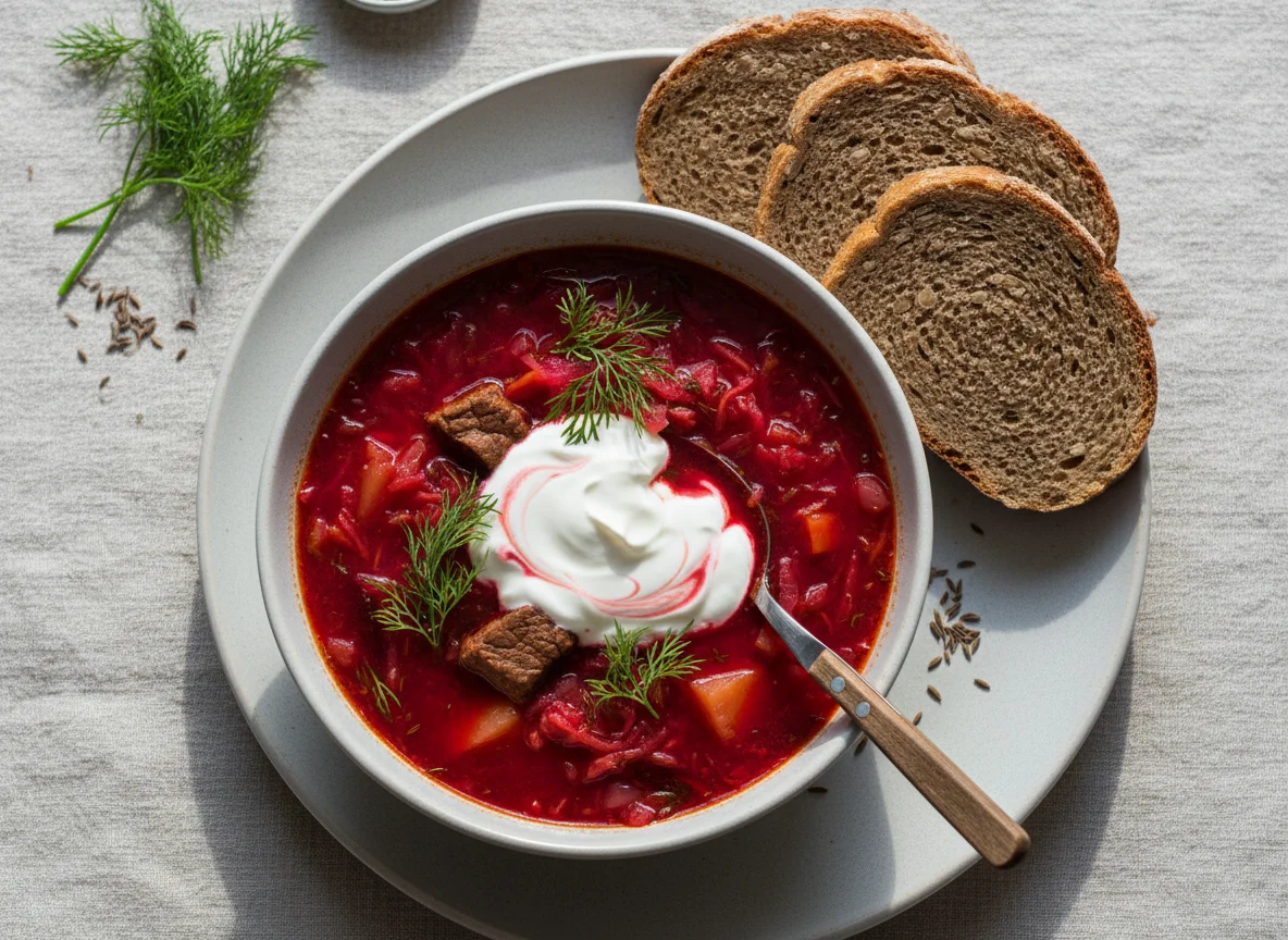 Борщ с ржаным хлебом и сметаной photo