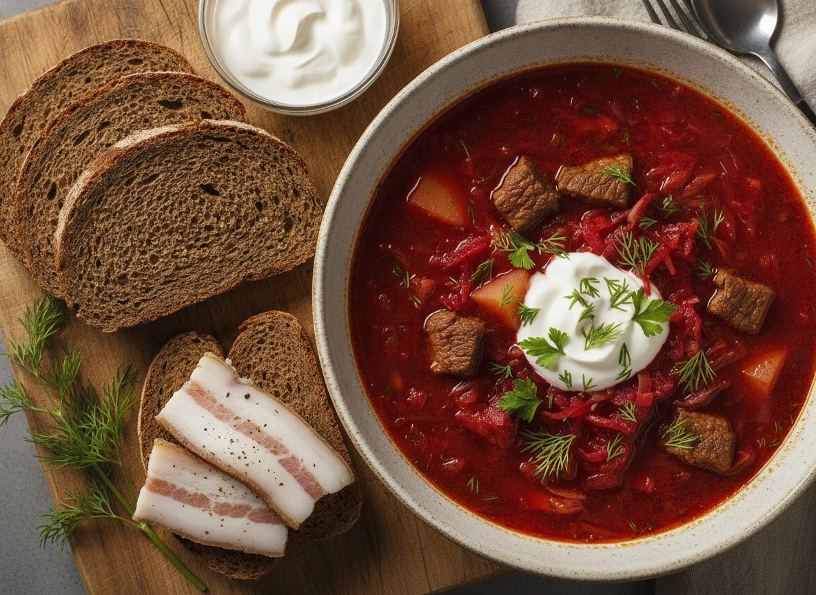 Борщ с салом, хлебом и сметаной photo