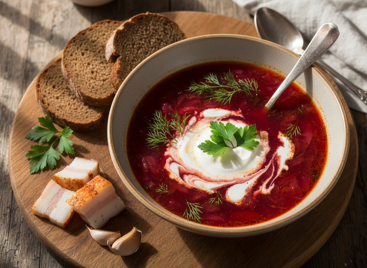 Борщ с салом и сметаной photo