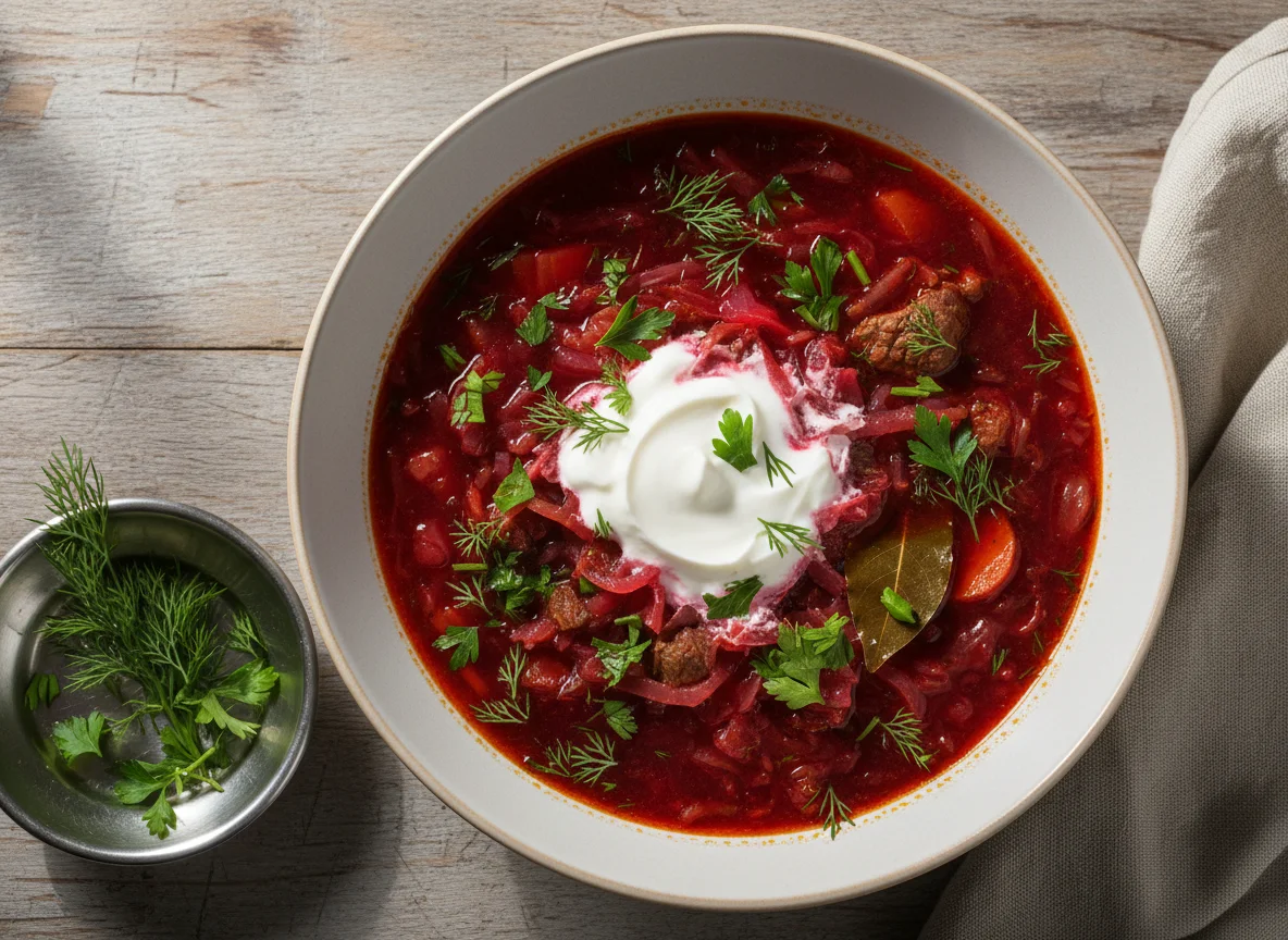 Борщ с зеленью и сметаной photo