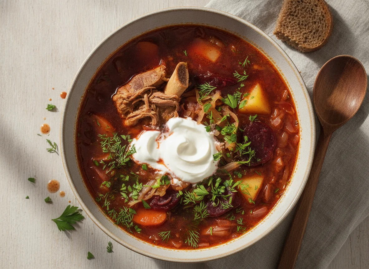 Борщ со сметаной и мясом photo