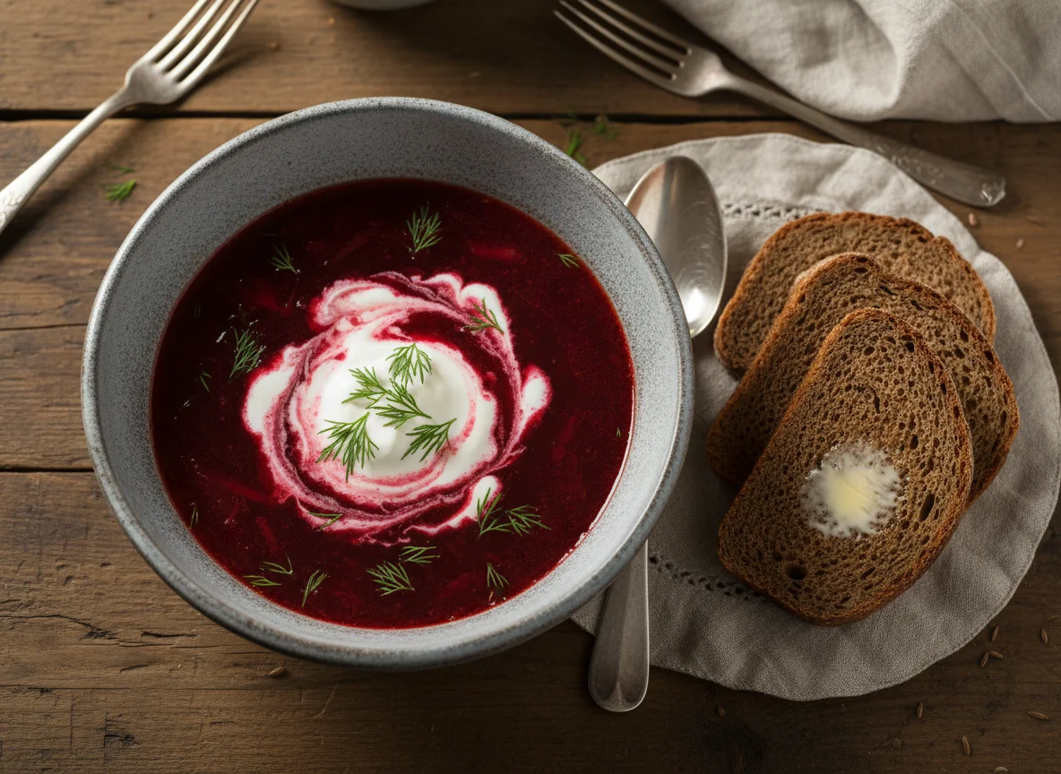 Борщ со сметаной и ржаным хлебом photo