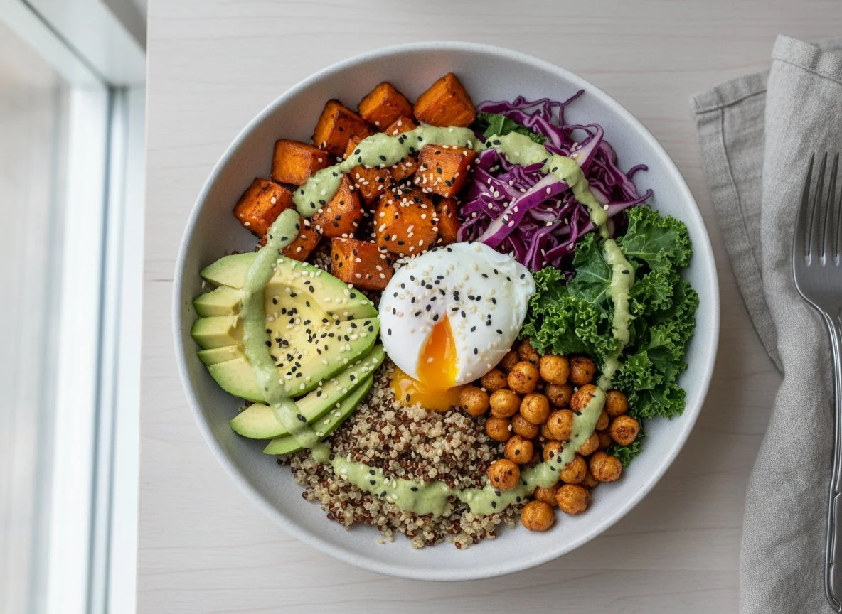 Боул с киноа, бататом и яйцом пашот photo